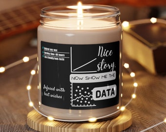 Buena historia, ahora muéstrame la vela de viaje ecológica de aroma de datos / regalo divertido de científico de datos, regalo de estudiante de posgrado, vela de regalo de investigador programador