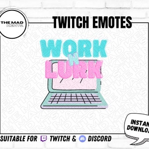 Puede incluir: Una ilustración digital rosa y azul de una computadora portátil con el texto "WORK 4 LURK" sobre un fondo de ladrillos blancos. El texto "TWITCH EMOTES" está en la parte superior de la imagen. El texto "SUITABLE FOR TWITCH & DISCORD" está en la parte inferior de la imagen. El texto "INSTANT DOWNLOAD" está en un bocadillo en la esquina inferior derecha de la imagen.