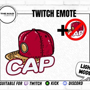 Puede incluir: Una gorra de béisbol roja y marrón con la palabra "CAP" en texto blanco. La gorra es un emote de Twitch con un círculo rojo y una línea diagonal que lo atraviesa. El texto "MODO LUZ" está en un globo de diálogo blanco con un contorno negro. El texto "APTO PARA TWITCH KICK DISCORD" está debajo de la imagen.