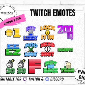 Może przedstawiać: Zestaw 10 emotikonów Twitch w pakiecie combo. Emotikony są kolorowe i przedstawiają różne wzory, w tym robota, kłódkę, strzał w głowę i bombę. Emotikony nadają się do użytku na Twitchu i Discordzie. Tekst "Page One" znajduje się w prawym dolnym rogu.