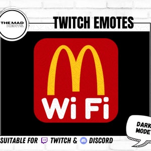 May include: A red square with a yellow "M" and the words "Wi Fi" in white. The background is black with the text "TWITCH EMOTES" in white at the top and "SUITABLE FOR TWITCH & DISCORD" in white at the bottom. A speech bubble with the text "DARK MODE" in white is in the lower right corner.
