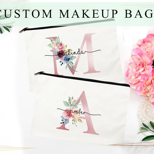 Personalized Makeup Bag Initial Letter Floral Makeup Bag Custom Cosmetic Bags Bridesmaid Makeup Bag Bridesmaid Gifts Best Friend Gift