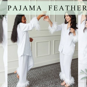 Feather sleeve pajama Bridesmaid Feather Pajama set Xmas Feather Pjs Bridal party Feather Satin Feather Long PJ Best Seller Feather Pajamas