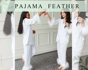 Feather sleeve pajama Bridesmaid Feather Pajama set Xmas Feather Pjs Bridal party Feather Satin Feather Long PJ Best Seller Feather Pajamas