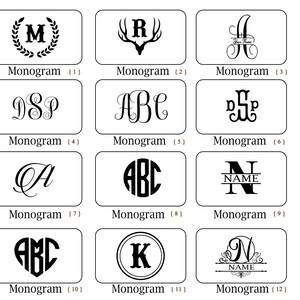 Pode incluir: Uma cole&ccedil;&atilde;o de doze designs de monogramas em preto sobre um fundo branco. Cada design &eacute; exibido dentro de uma moldura retangular, com varia&ccedil;&otilde;es incluindo iniciais dentro de coroas, chifres e fontes decorativas. A palavra "Monograma" est&aacute; abaixo de cada design.