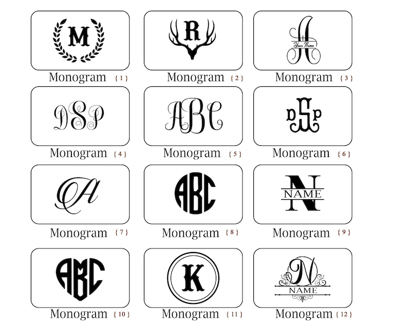Pode incluir: Uma cole&ccedil;&atilde;o de doze designs de monogramas em preto sobre um fundo branco. Cada design &eacute; exibido dentro de uma moldura retangular, com varia&ccedil;&otilde;es incluindo iniciais dentro de coroas, chifres e fontes decorativas. A palavra "Monograma" est&aacute; abaixo de cada design.