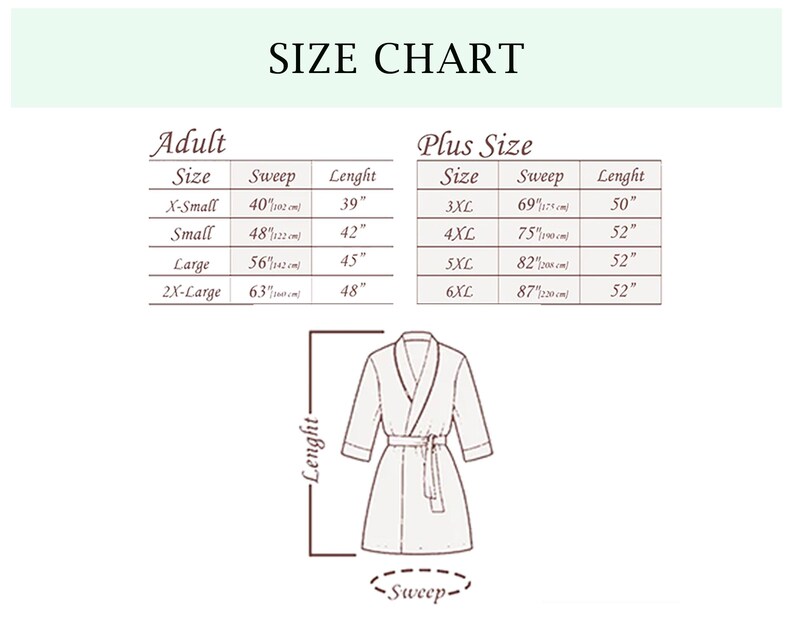Pode incluir: Tabela de tamanhos para roup&otilde;es, com tamanhos para adultos e plus size. As medidas est&atilde;o em polegadas, incluindo a circunfer&ecirc;ncia e o comprimento. Tamanhos de X-Small a 6XL. Um desenho de linha de um roup&atilde;o ilustra os pontos de medi&ccedil;&atilde;o.