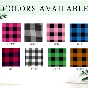 May include: A chart showing eight different colors of plaid fabric. The colors are hot pink, grey, pink, blue, red, white, green, and copper.