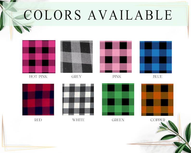 May include: A chart showing eight different colors of plaid fabric. The colors are hot pink, grey, pink, blue, red, white, green, and copper.