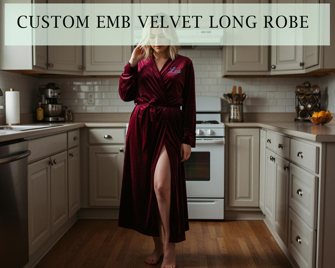 Long Embroidered Robe Women's Custom Embroidered Velvet Long Robe, Personalized Name Bathrobe ...