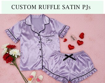 Women Satin Ruffle Pajamas Set Custom Bridesmaid Proposal Gifts Satin Ruffle Pjs Monogram Pajamas Bridal Party Gift Bachelorette Party PJs