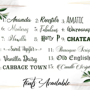 May include: A list of 15 different fonts, numbered 1 through 15, with the font name written in the corresponding font style. The text "Fonts Available" is written in a cursive font at the bottom of the image.
