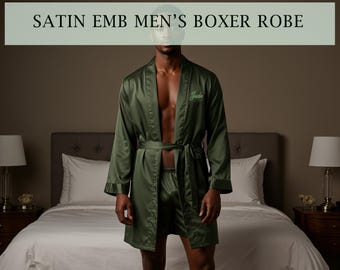 Men's Satin Boxer Robe with Custom Embroidered Name – Personalized Groom Getting Ready Robe, Wedding Morning Bathrobe Robe Gift for Him