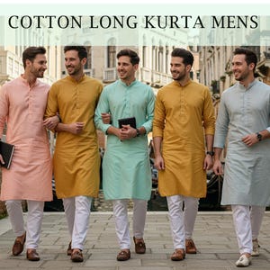 May include: Five men wearing long cotton kurtas in various colors: light pink, mustard yellow, mint green, golden yellow, and light blue. The kurtas are paired with white pants. The text "COTTON LONG KURTA MENS" is at the top.