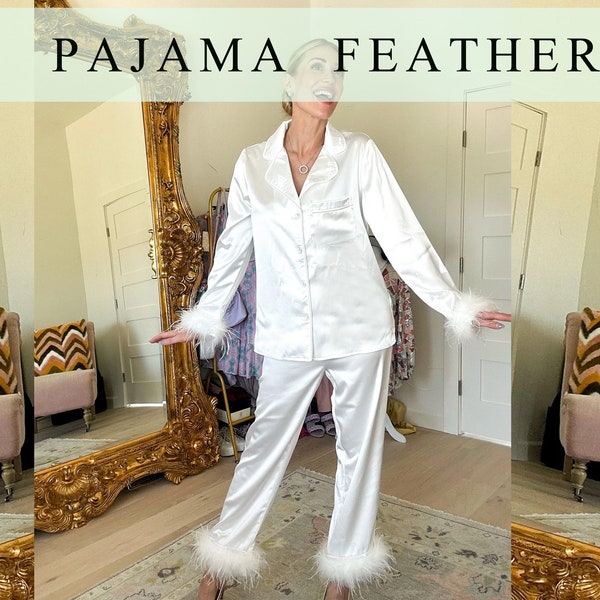 Satin Feather PJs Long Pajamas Set Custom Feather Long Sleeve Long Pants PJs Customize Bridesmaid Pajama Bridal Party Pajamas Bridesmaid PJs