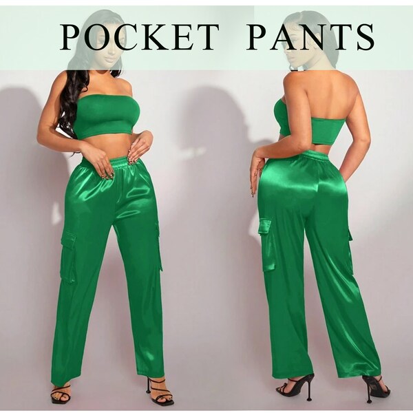 Street Pant Satin Cargo Pants Women Satin Long Pants Womens Pocket Pant Street Pant Elastic Waist Womens Trousers Gift for Her Satin Pants