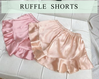Women Ruffle Short - Bridesmaid Silk Satin Ruffle Shorts Pajama - Adult Women Sleepwear Shorts - Christmas Elastic Waistband Shorts Gifts