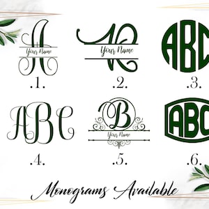 May include: Ten different monogram designs in green. The designs include a script font, a circle, a square, and a banner. The text "Your Name" is included in some of the designs.