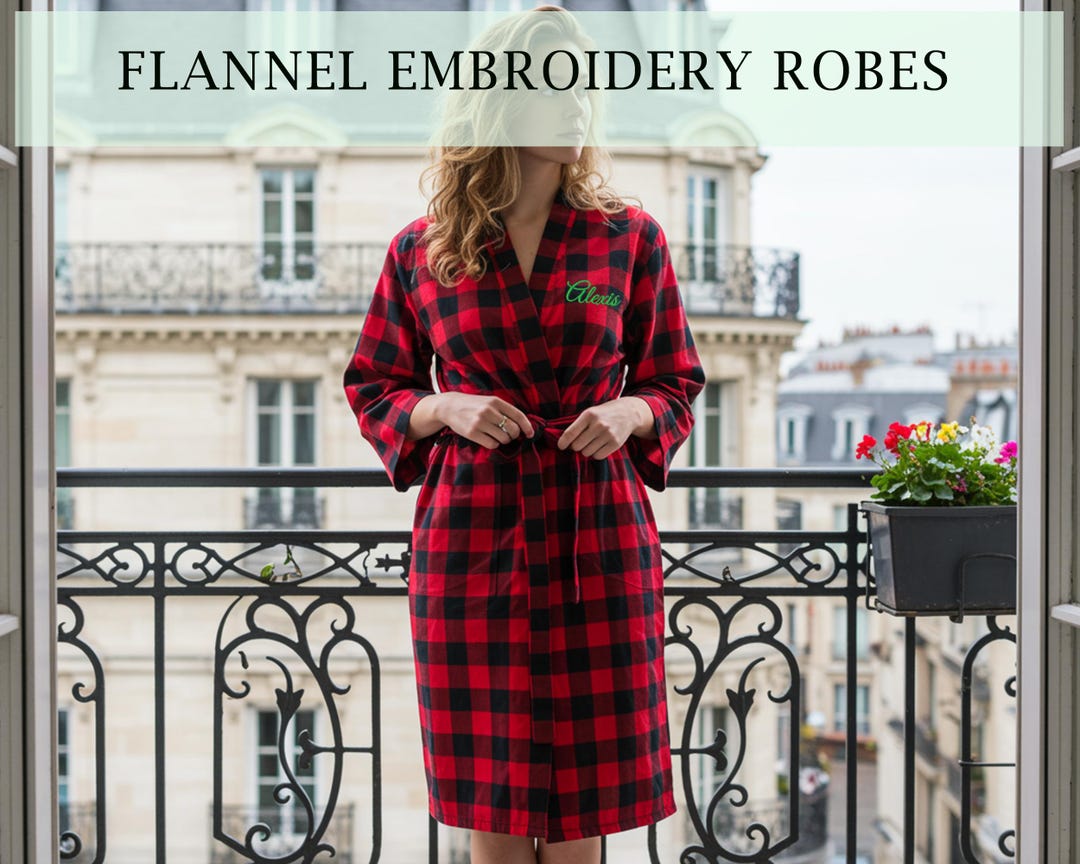 Checker Robe Personalized Flannel Robe Custom Embroidered Check Robe for Women Cozy ...