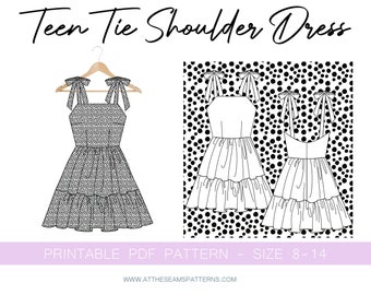 Teen Tie Shoulder Summer Dress Digital PDF Sewing Pattern, Instant Download | Size 8-14 | A4, U.S Letter, A0 |