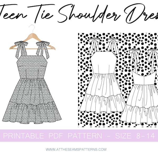 Teen Tie Shoulder Summer Dress Digital PDF Sewing Pattern, Instant Download | Size 8-14 | A4, U.S Letter, A0 |