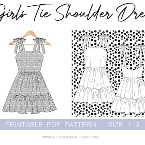 Girls Tie Shoulder Summer Dress Digital PDF Sewing Pattern, Instant Download | Size 1-8 | A4, U.S Letter, A0 |
