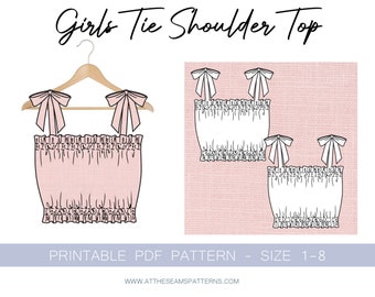 Girls Tie Shoulder Top Digital PDF Sewing Pattern, Instant Download | Size 1-8 | A4, U.S Letter, A0 |