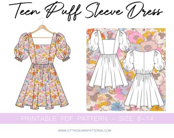 Teen Puff Sleeve Dress Digital PDF Sewing Pattern, Instant Download | Size 8-14 | A4, U.S Letter, A0 |