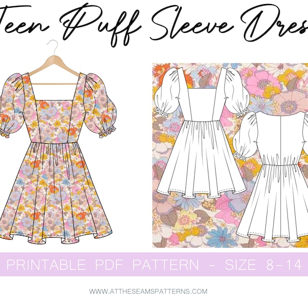 Teen Puff Sleeve Dress Digital PDF Sewing Pattern, Instant Download | Size 8-14 | A4, U.S Letter, A0 |