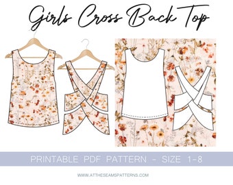 Girls Cross Back Top, Digital PDF Sewing Pattern, Instant Download | Size 1-8 | A4, U.S Letter, A0 |