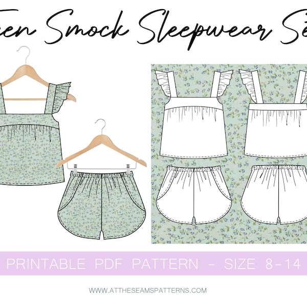 Teen Summer Sleepwear Pj Set, Downloadable Printable PDF Sewing Pattern Size 8-14 | A4, U.S Letter, A0 |