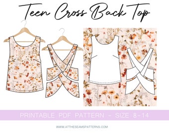 Teen Cross Back Top, Digital PDF Sewing Pattern, Instant Download | Size 8-14 | A4, U.S Letter, A0 |