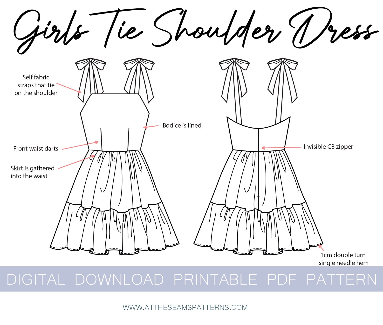 Girls Tie Shoulder Summer Dress Digital PDF Sewing Pattern, Instant ...