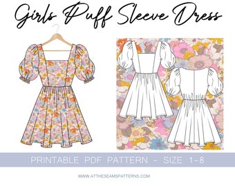 Girls Puff Sleeve Dress Digital PDF Sewing Pattern, Instant Download | Size 1-8 | A4, U.S Letter, A0 |