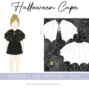 May include: A printable PDF pattern for a Halloween cape featuring a black fabric design with gold spiderwebs and spiders. The illustration shows a figure wearing the cape over a black dress, alongside flat pattern pieces labeled S, M, L.