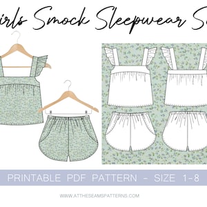 Conjunto de pijama de ropa de dormir de verano para niñas, patrón de costura PDF imprimible descargable tamaño 1-8 / A4, carta de EE. UU., A0 /