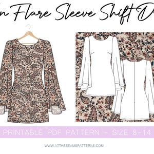 Teen Flare Sleeve Shift Dress Digital PDF Sewing Pattern, Instant Download | Size 8-14 | A4, U.S Letter, A0 |