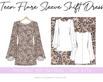Teen Flare Sleeve Shift Dress Digital PDF Sewing Pattern, Instant Download | Size 8-14 | A4, U.S Letter, A0 |