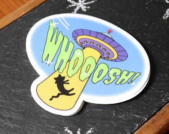 Comic Style Vinyl Abduction Decal for Kitty & Sci-Fi Lovers, Waterproof Die-Cut Vinyl for Laptops and Bottles, Flying Saucer Cat Sticker