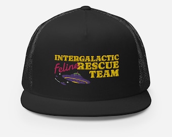 Alien Embroidered Trucker Cap, Outer Space Comic, Flying Saucer Cap, UFO Snapback, Space Cat Mesh Hat, Animal Rescue, Space Lover