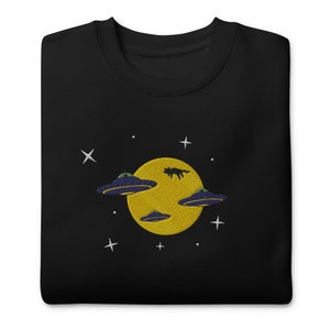 Lost in Space Cat Sweater - Embroidered Cat & UFO Space Adventure - Galactic Cat Rescue Crewneck, Alien Cat Abduction - Cosmic Cat Rescue