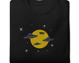 Lost in Space Cat Sweater - Embroidered Cat & UFO Space Adventure - Galactic Cat Rescue Crewneck, Alien Cat Abduction - Cosmic Cat Rescue