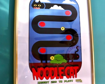 Funny Noodle Cat Poster, Retro Arcade Wall Art, Quirky Cat Game Print, Pixel Cat Decor, 80s Gamer Cat Artwork, Funny Cat Wall Art Gift
