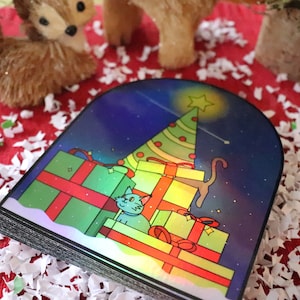 Christmas Sticker, Cat Decal Holographic, Christmas Sticker Cat, Christmas Decor, Funny Cats Stickers, Animal Sticker, Pet Lover,Holiday Cat
