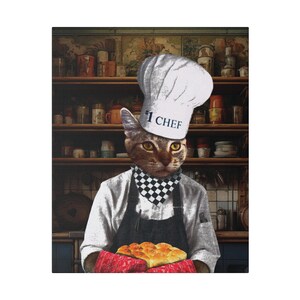 May include: A tabby cat wearing a white chef's hat with the text "#1 CHEF" on it, holding a loaf of bread in a red oven mitt. The cat is wearing a black apron with a checkered bandana.