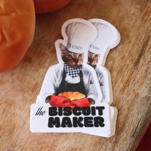 cat chef, cat portraits, cat biscuit vinyl stickers, cat vinyl stickers, animal vinyl stickers, culinary cat, baking gifts, makin’ biscuits
