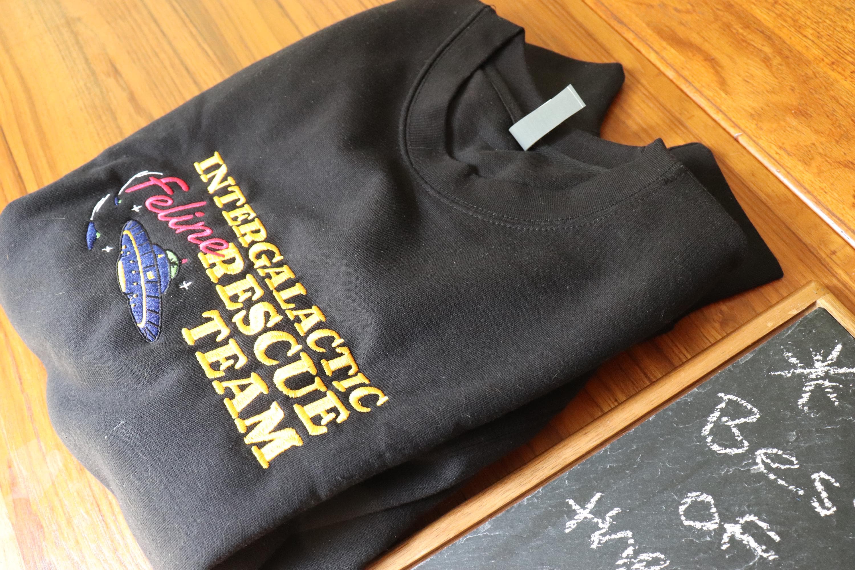 Cat Lover Embroidered Crewneck, Cat UFO Crewneck for Sci-Fi & Comic Fans, Alien Cat Rescue Team Pullover, Intergalactic Rescue Sweatshirt