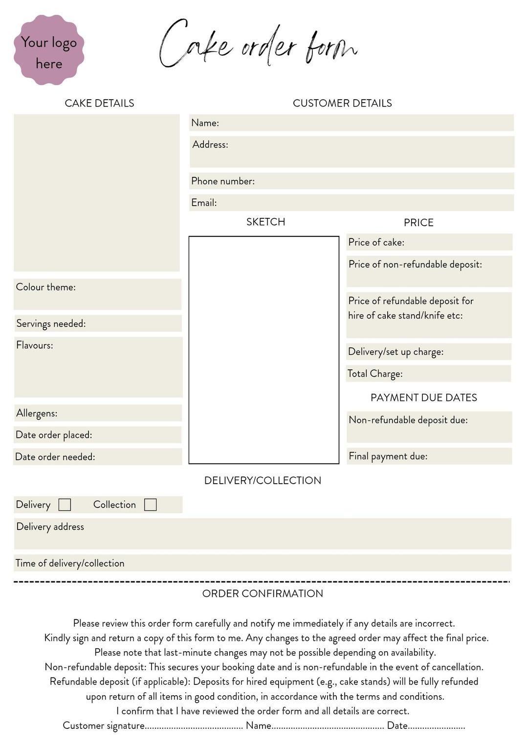 Custom Cake Order Form Template | Bakery Business (printable & Digital ...