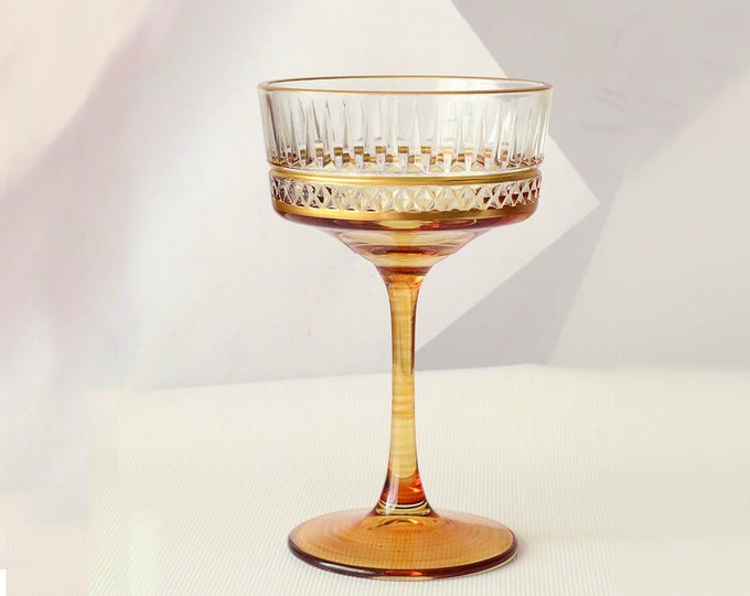 Colored Crystal Vintage Glasses, Gold Rimmed Vintage Coupe Glasess, Gold Cocktail Glass, barware, glassware set, wedding party, bridesmaid