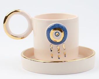 eternal evil eye ceramic mug, nazar turkish coffee ceramic cup, Stylish Ceramic Mug, Fancy Coffee Mug, luxury mug, real gold coffee cup